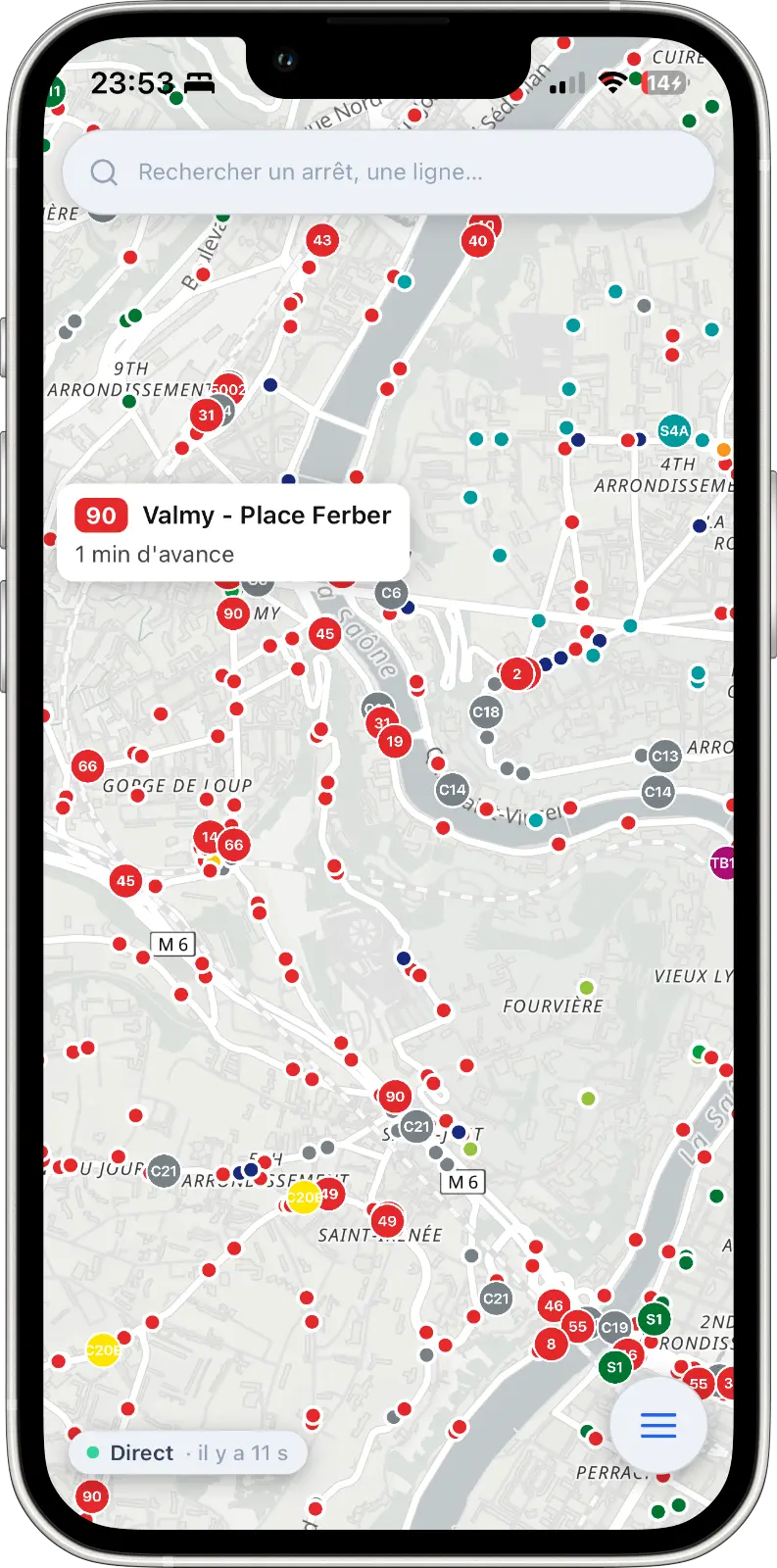 Carte des arrêts et lignes de Lyon en temps réel dans Lyne
