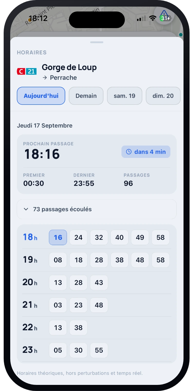 Horaires théoriques d'une ligne, jour par jour