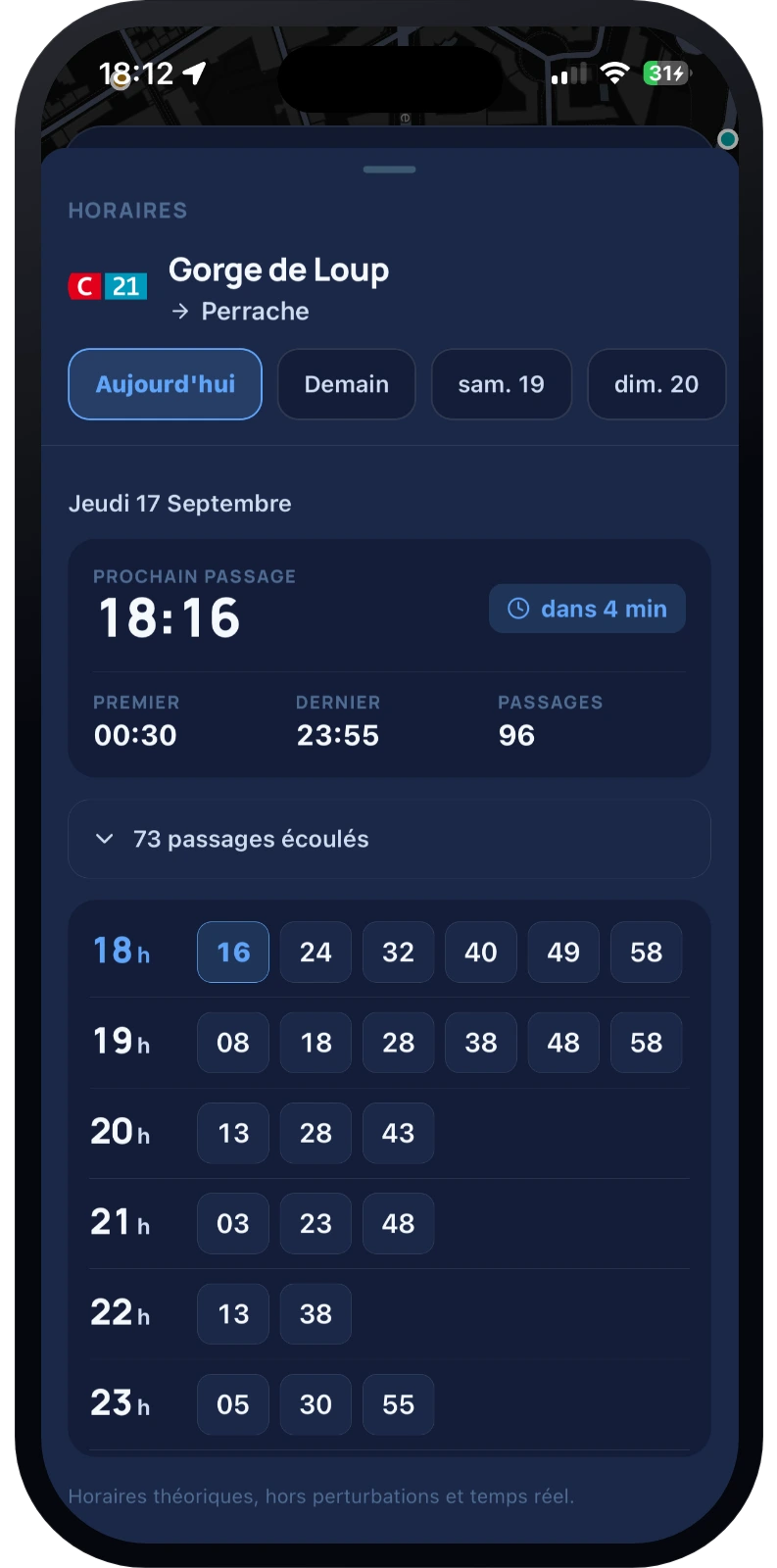 Horaires théoriques d'une ligne, jour par jour