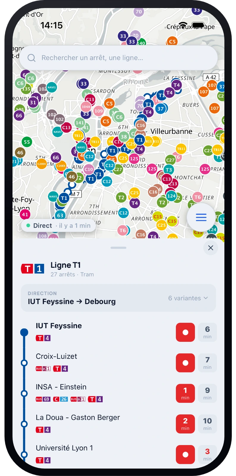 Tracé de la ligne sur la carte et liste des arrêts desservis