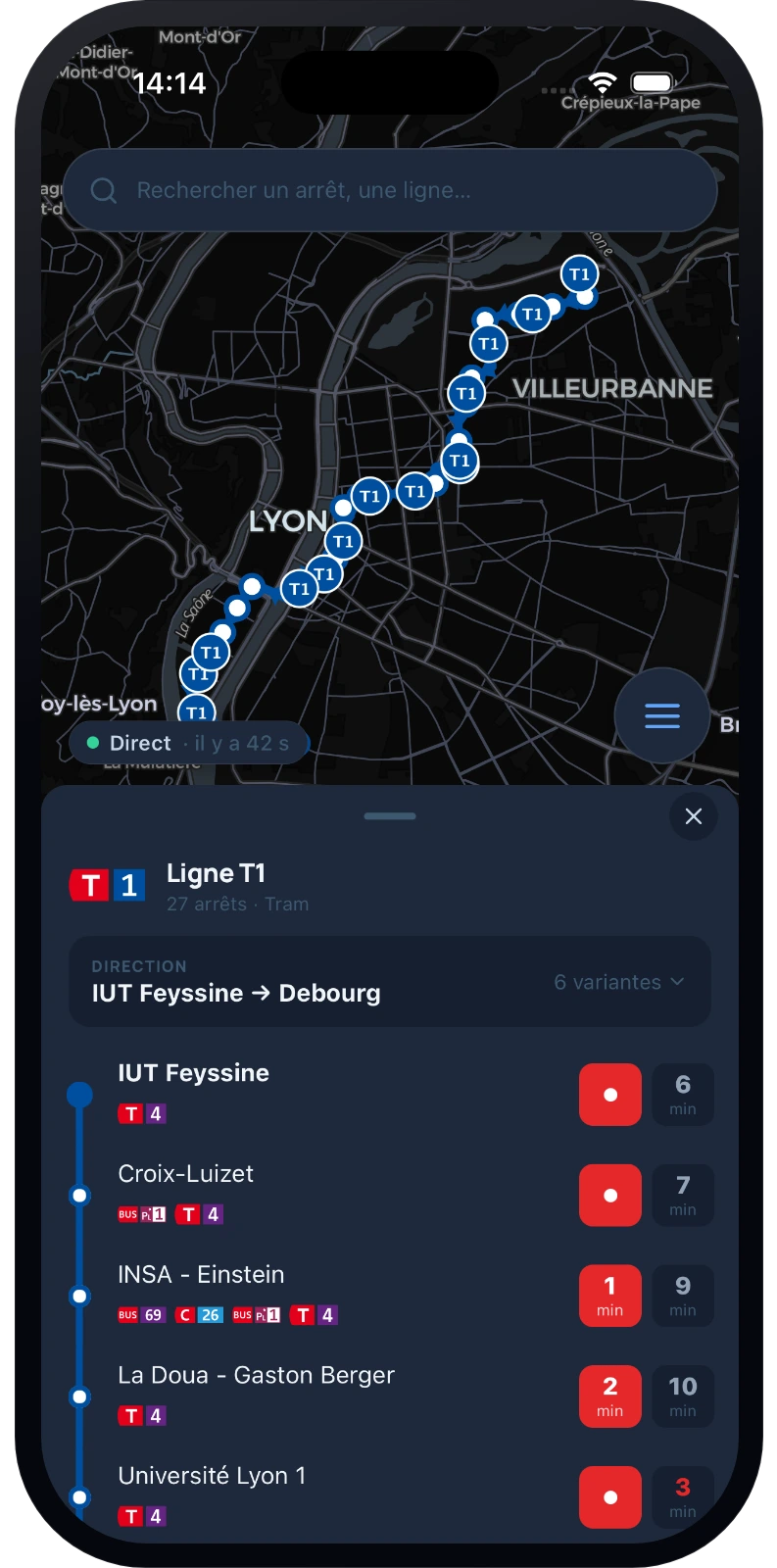 Tracé de la ligne sur la carte et liste des arrêts desservis
